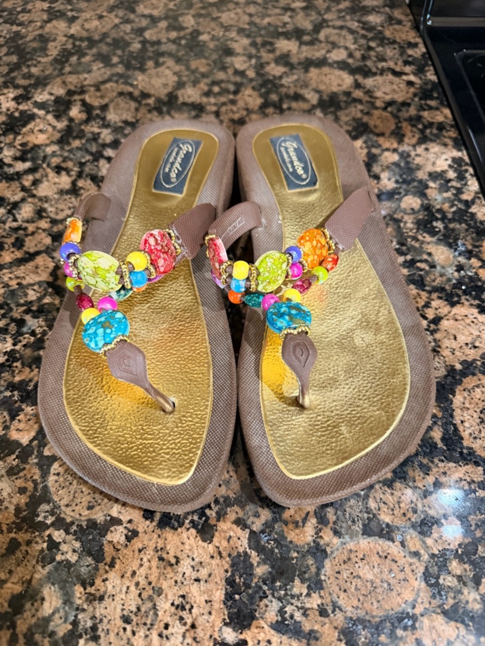 Brown Women's Beaded Thong Sandals with Gold Footbed